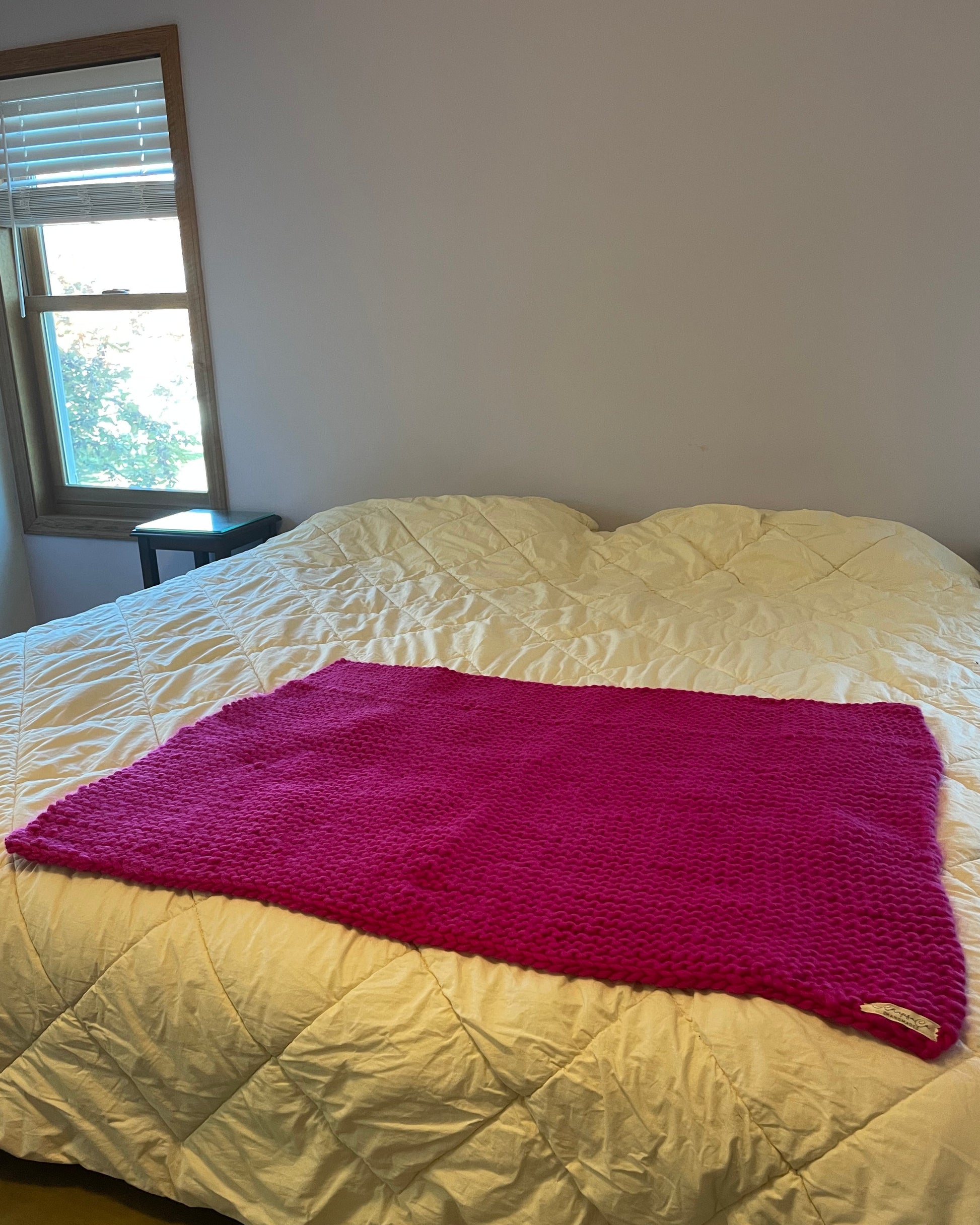 Hot Pink Hand Knit Wool Blanket 30"x40"