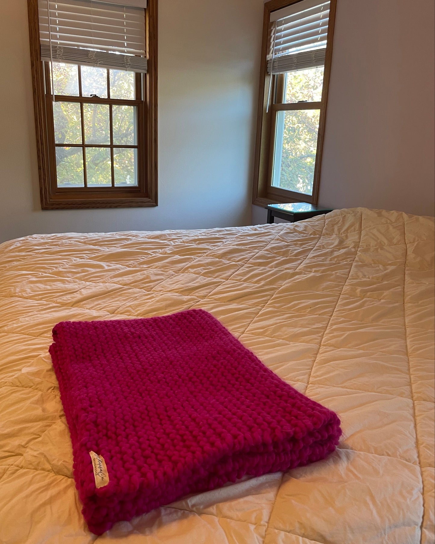 Hot Pink Hand Knit Wool Blanket 30"x40"