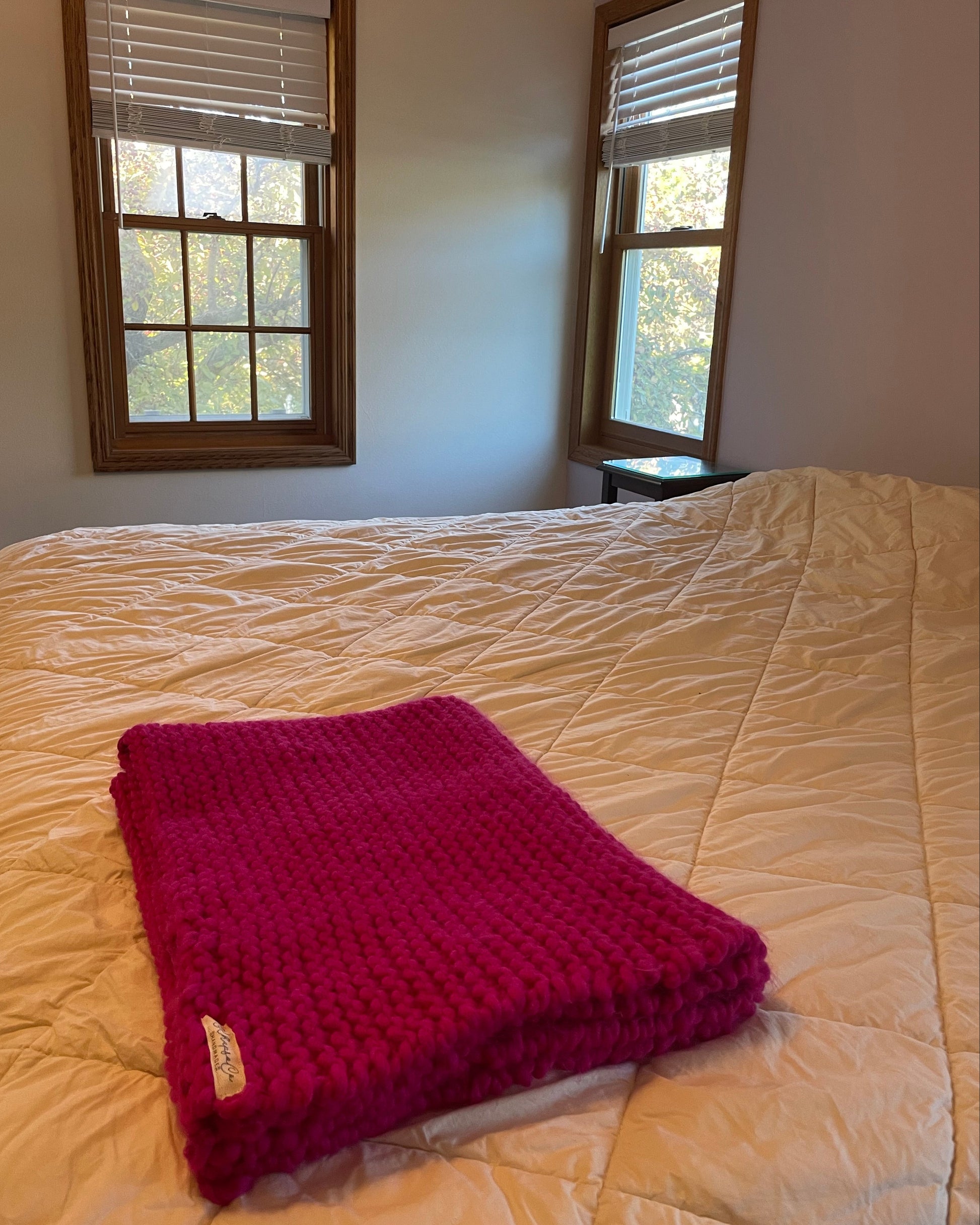 Hot Pink Hand Knit Wool Blanket 30"x40"