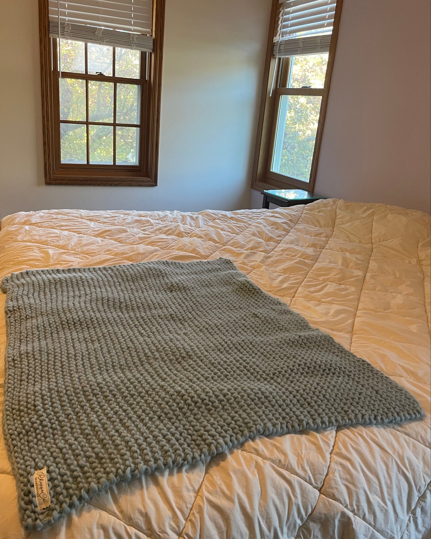 Duck Egg Blue Hand Knit Wool Blanket 30"x40"