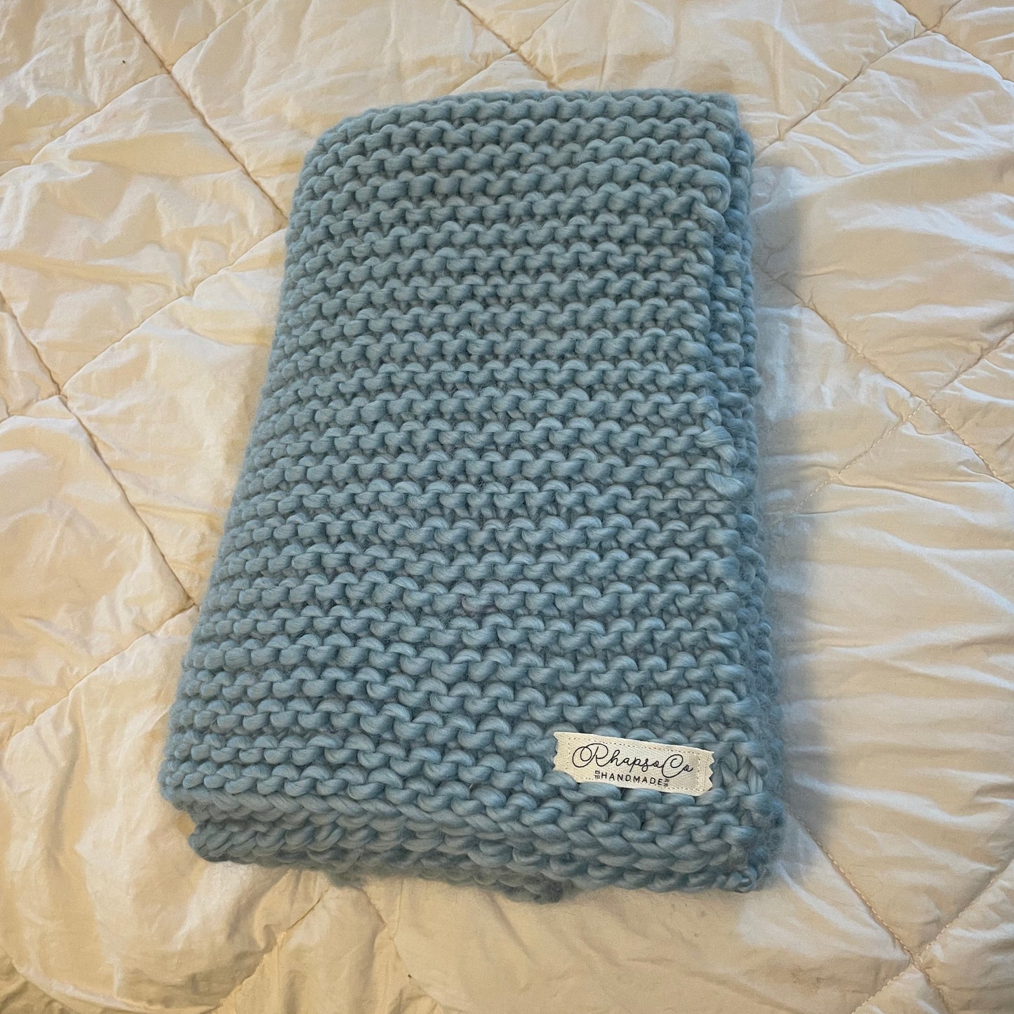 Duck Egg Blue Hand Knit Wool Blanket 30"x40"
